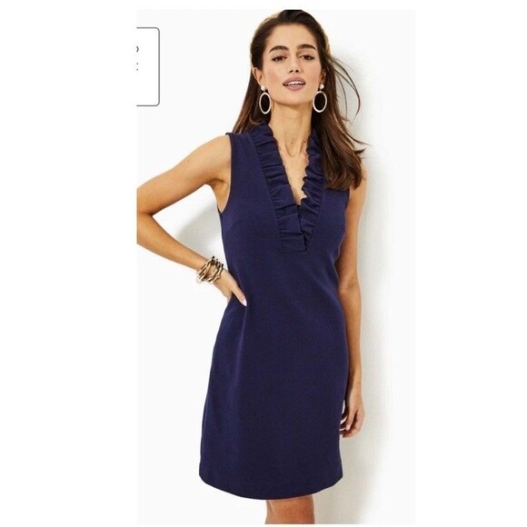 LILLY PULITZER TISBURY Womens L True Navy Ruffle V-Neck Sleeveless Shift Dress - Picture 9 of 9